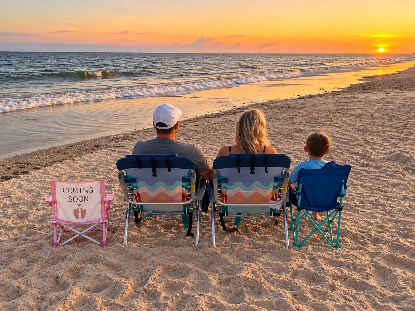 A family in beach chairs at sunset beside a small pink chair labeled "Coming soon"